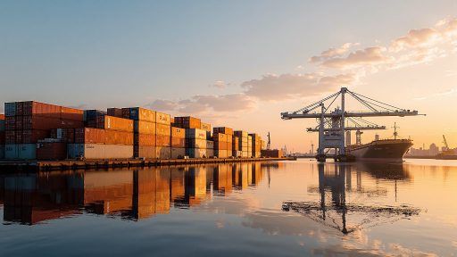 国际物流运输场景，大型货轮在港口装卸集装箱，蓝天白云背景，现代化港口设施