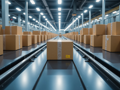 现代物流中心概念图，高科技仓库内部，自动化设备运行，明亮灯光